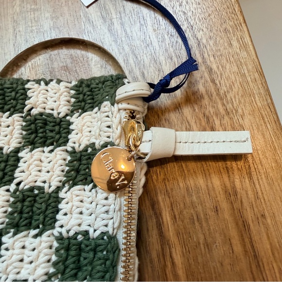 Clare V flat clutch with tabs olive and cream crochet checker origional $195 - Picture 9 of 9